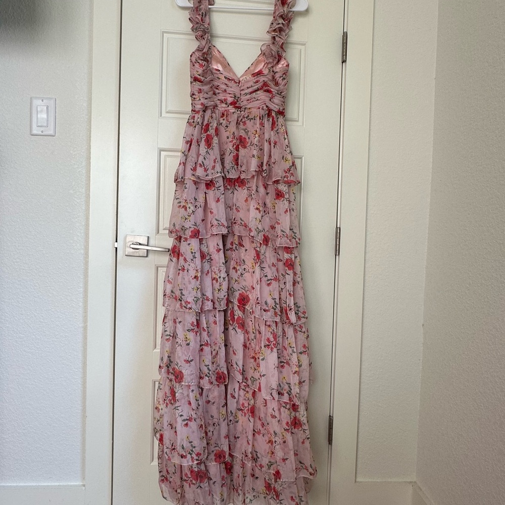 Mac Duggal Pink Floral Ruffled Tiered Maxi Dress - Picture 9 of 11